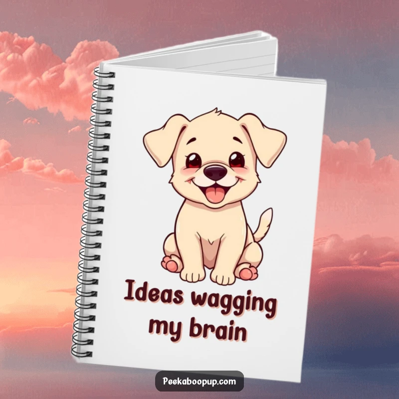 Funny puppy with floppy ears and a happy grin, wagging its tail furiously, designed on a notebook cover for jotting down notes with a smile.