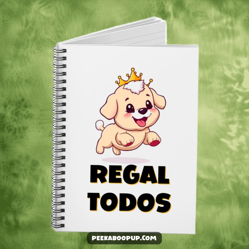 Funny notebook cover with a crowned puppy happily chasing its tail, perfect for jotting down thoughts and ideas.