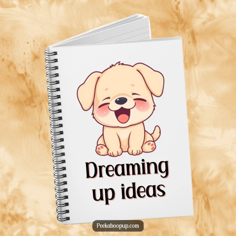 Funny puppy yawning a big, happy, sleepy smile, featured on the cover of a practical notebook.