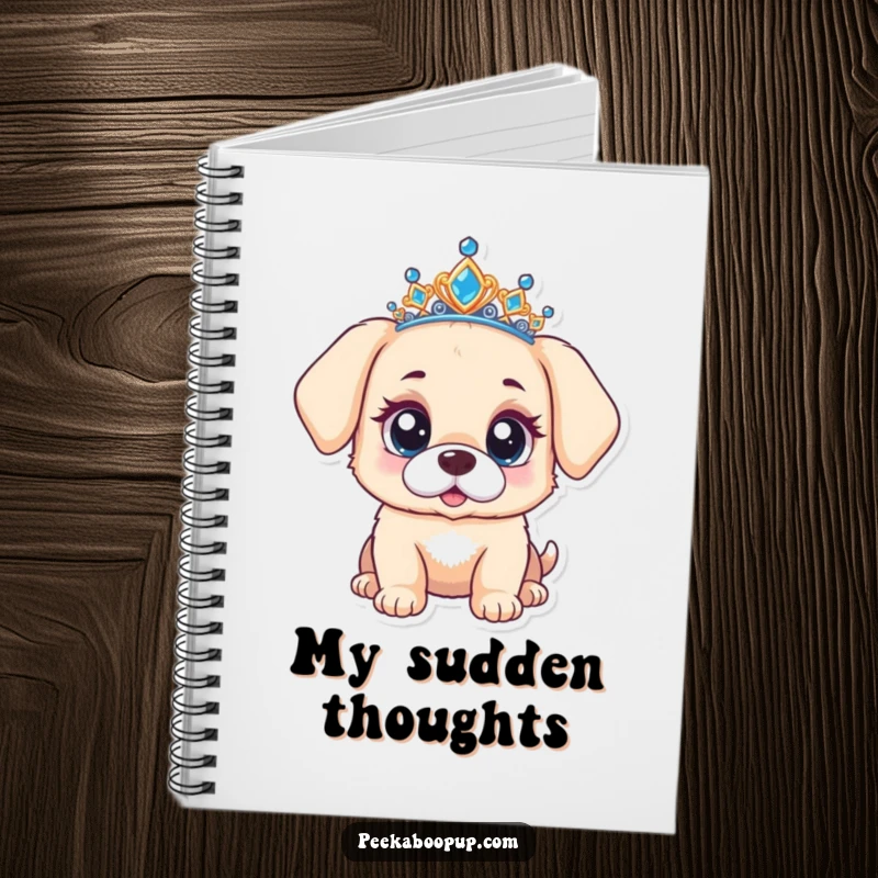 Funny notebook cover with a puppy wearing a tiara, looking surprised with wide, curious eyes, perfect for notes.