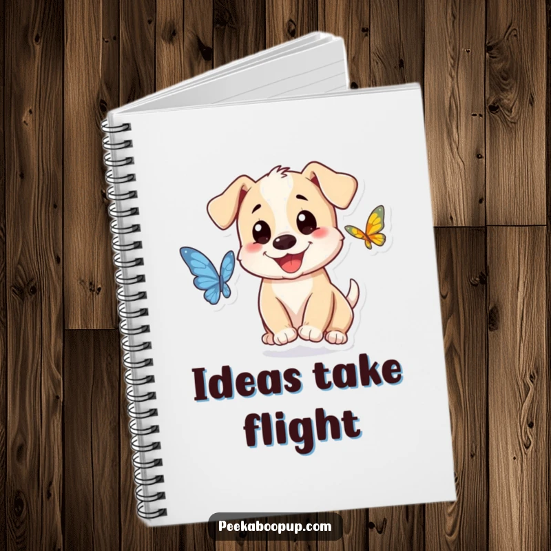 Funny puppy character notebook, smiling and chasing a butterfly, perfect for jotting down joyful ideas.