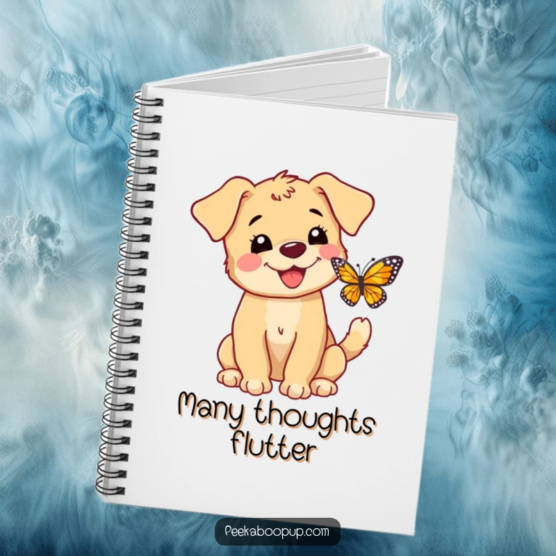Funny notebook with a happy puppy barking at a butterfly, tail wagging, ideal for writing and planning.