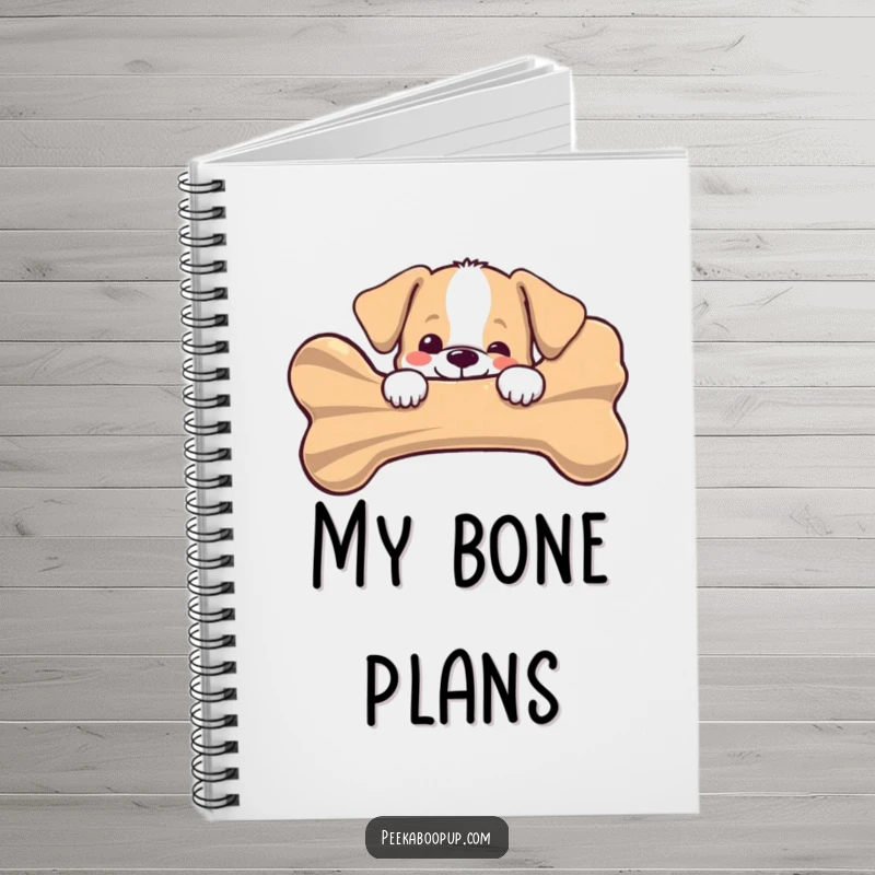 Funny puppy peeking joyfully from behind a giant striped bone on a notebook cover, ideal for jotting down happy thoughts, an ideal funny gift.