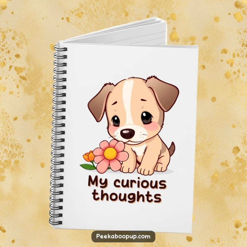 Funny notebook cover with a cute puppy curiously sniffing a colorful flower with intrigue.