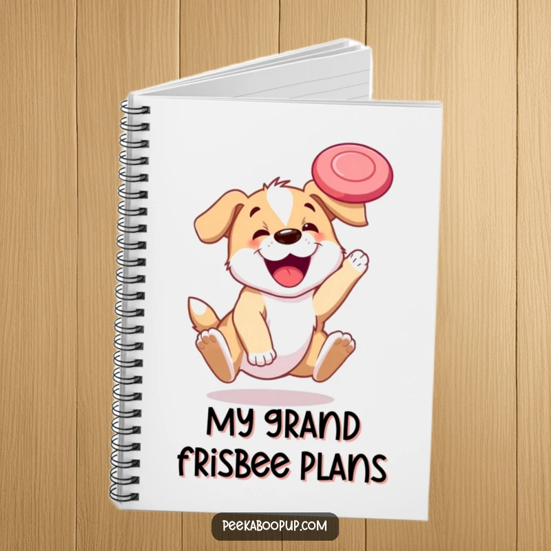 Funny notebook cover featuring a gleeful puppy leaping high to catch a frisbee, full of playful action.