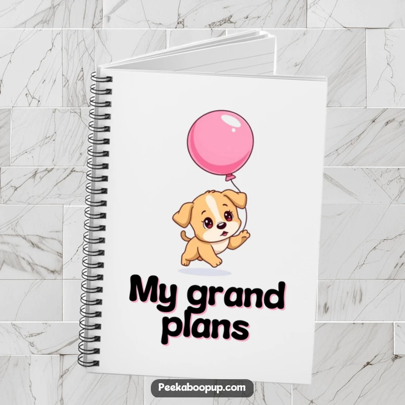 Funny notebook cover featuring a determined puppy chasing a deflating balloon, perfect for jotting down goals and persistent ideas.