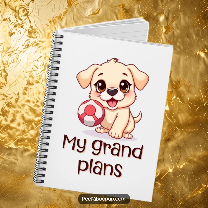 Funny notebook cover depicting a puppy with wide, excited eyes, leaping to catch a bouncing ball, full of playful energy.