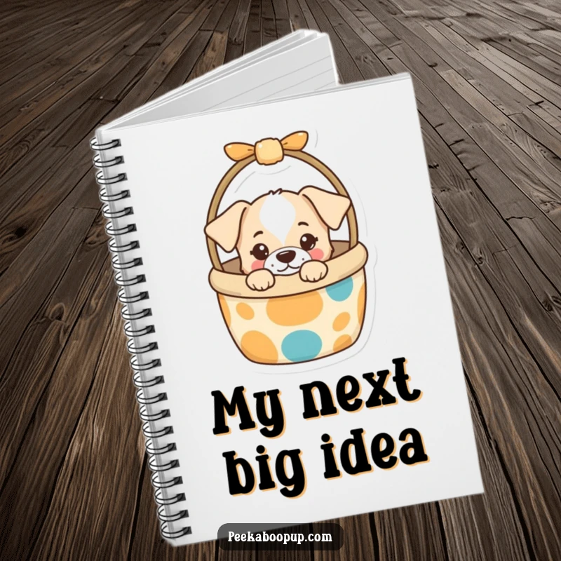 Funny Notebook with a curious puppy peeking from a colorful dog toy basket on the cover, offering a humorous place to jot down thoughts.