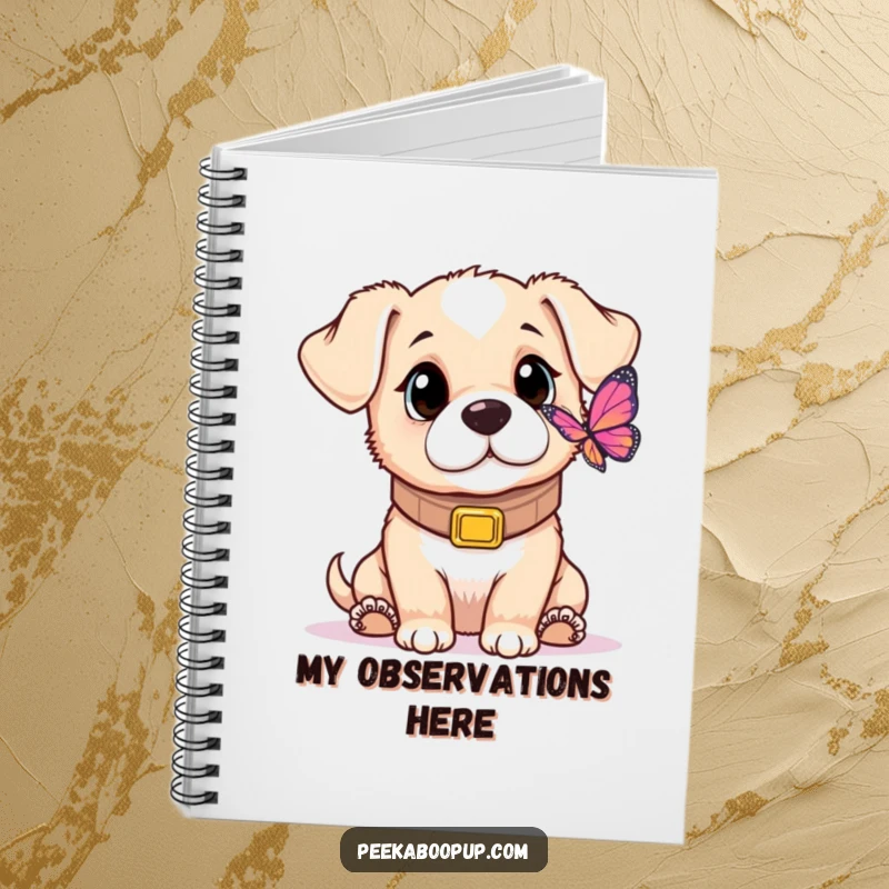 Funny notebook cover showing a puppy wearing an oversized collar, looking with wide, curious eyes at a small butterfly.