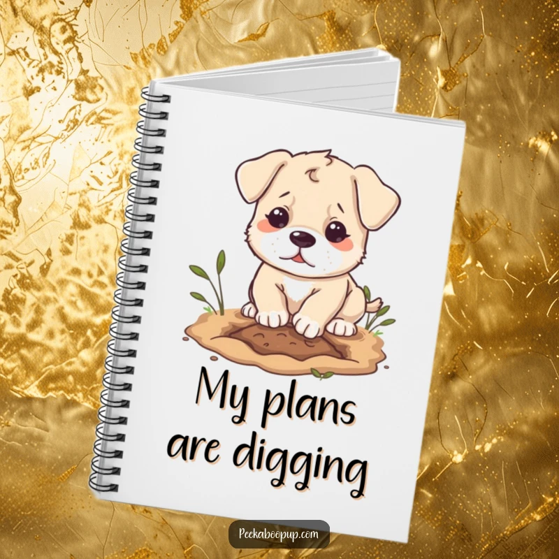 Funny puppy character notebook, digging with a determined expression, perfect for focused writing and humor.