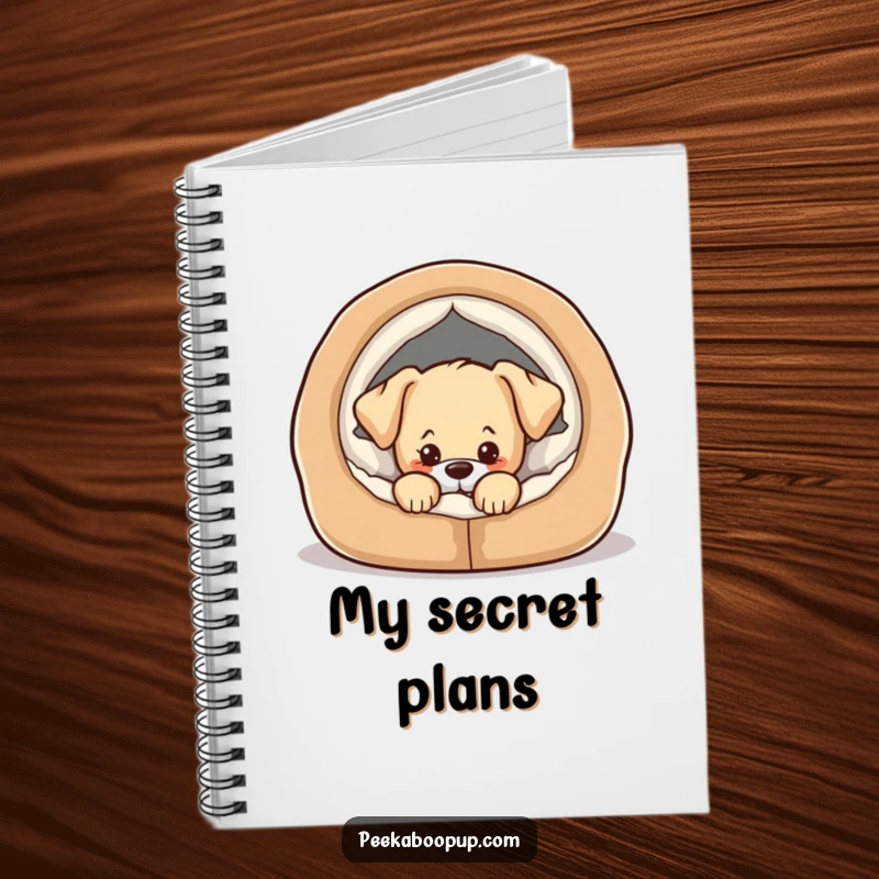 Funny notebook cover with a puppy peeking from a cozy dog bed with a mischievous, playful look.
