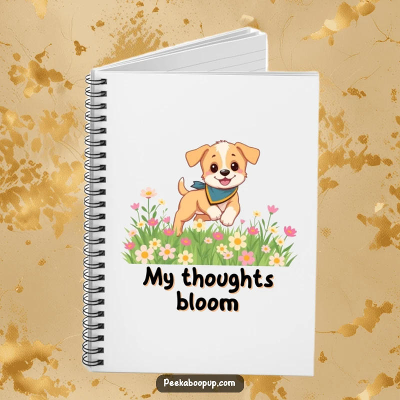 Funny notebook with a playful puppy wearing a bandana, frolicking in a field of flowers, ideal for journaling and creative writing.