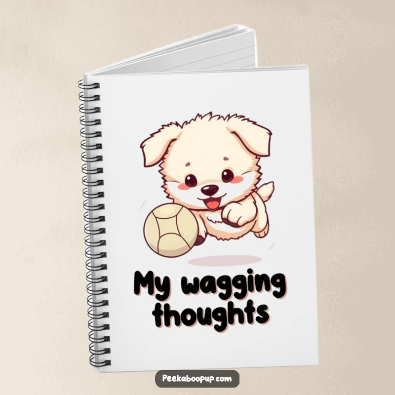 Funny puppy notebook with a fluffy puppy enthusiastically chasing a bouncing ball.