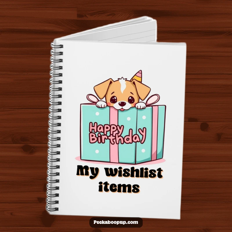 Funny notebook with a puppy peeking out of a birthday gift box, perfect for jotting notes.
