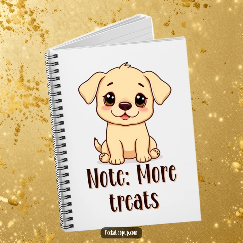 Funny puppy notebook cover showing a puppy with wide, begging eyes, ideal for journaling and note-taking.