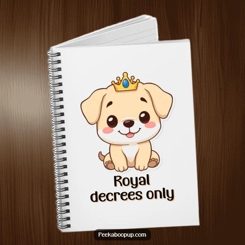 Funny Royal Puppy Notebook illustrated with a gentle-smiling puppy wearing a small crown, perfect for jotting down thoughts.