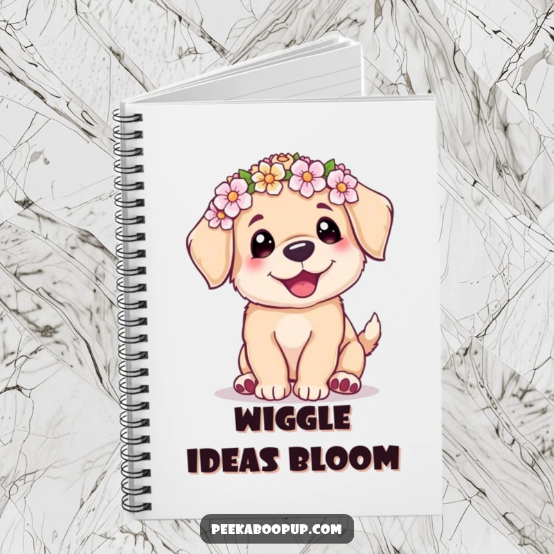 Funny notebook with a cute puppy in a flower crown, doing a joyful wiggle, ideal for capturing notes and ideas.