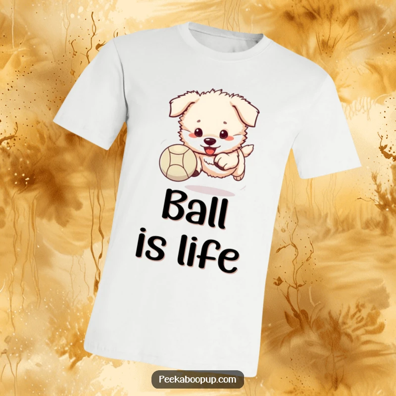 Funny puppy t-shirt depicting a fluffy puppy with intense focus chasing a bouncing ball.
