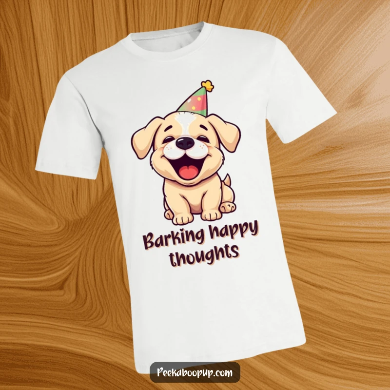 Funny puppy character t-shirt, wearing a party hat and barking joyfully, energetic and festive graphic.