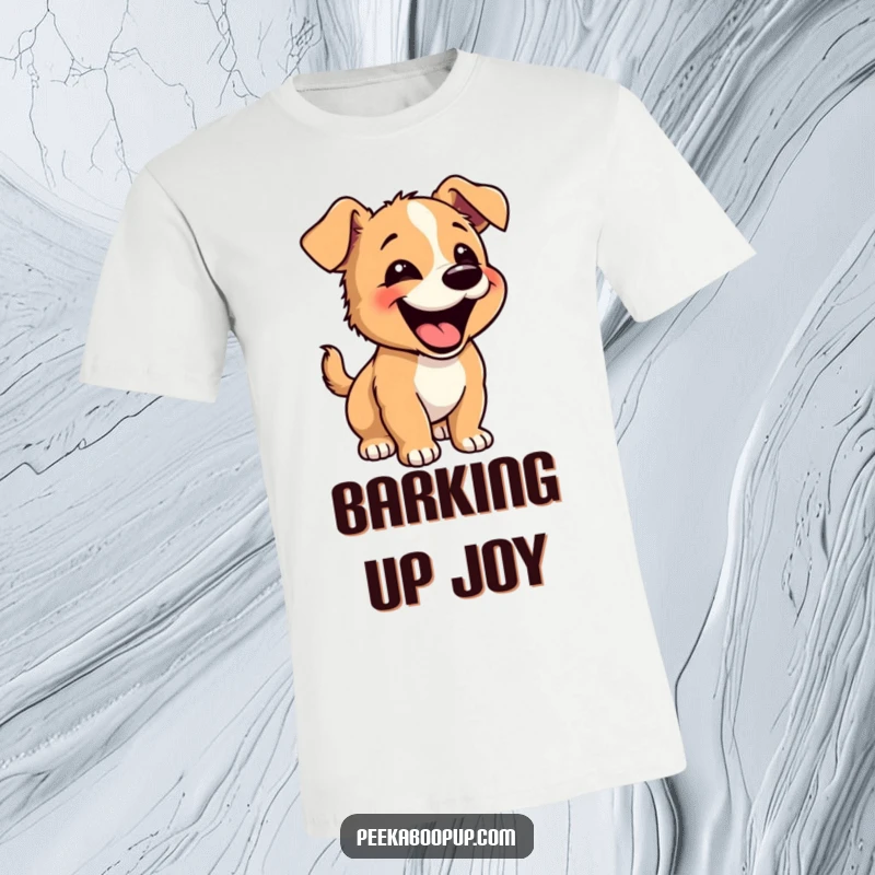 Funny Happy Puppy T-Shirt: A puppy barking joyfully with a playful bounce, radiating happiness