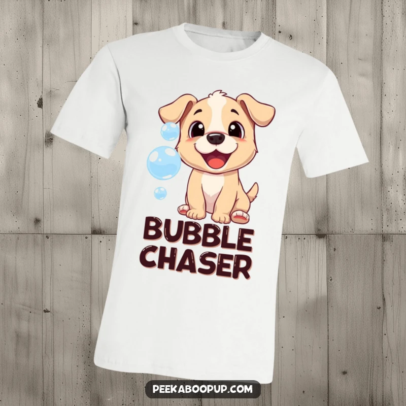 Funny t-shirt featuring a cheerful puppy with a wide smile, playfully attempting to catch shimmering bubbles.