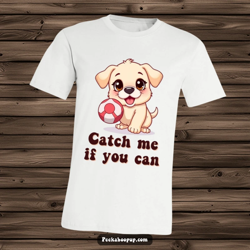 Funny t-shirt depicting a puppy with wide, excited eyes, mid-air, attempting to catch a fast-bouncing multicolor ball.