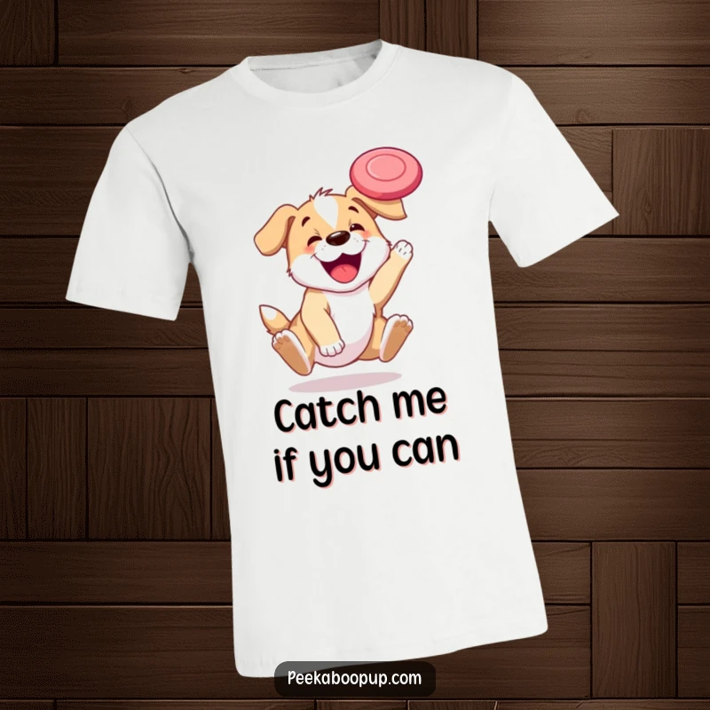 Funny t-shirt with a happy puppy soaring to catch a frisbee mid-air, showcasing athletic and gleeful dog behavior.