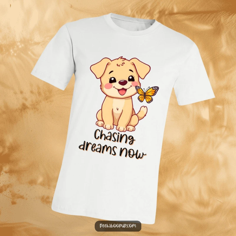 Funny t-shirt depicting a happy puppy with a furiously wagging tail, barking playfully at a fluttering butterfly.