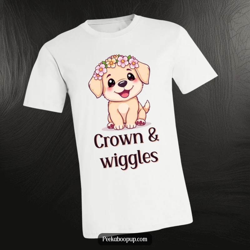 Funny t-shirt showcasing a cute puppy in a flower crown, doing a happy wiggle, radiating pure, infectious joy.