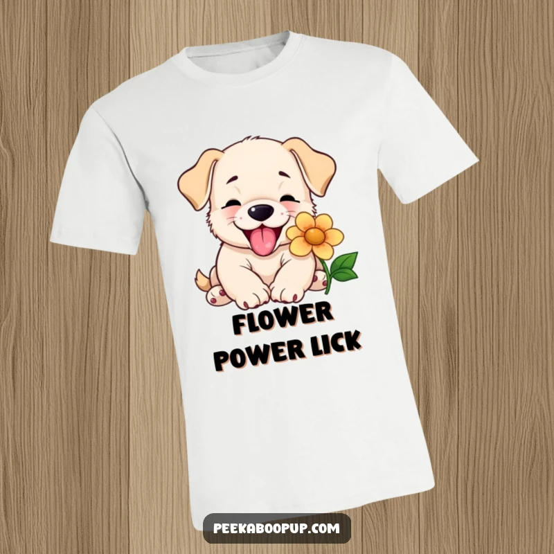 Funny T-shirt depicting a joyful puppy happily slobbering on a flower, perfect for dog enthusiasts and nature lovers.