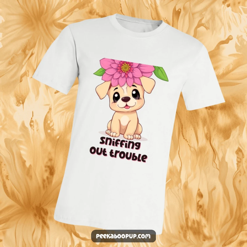 Funny Curious Puppy T-Shirt: A puppy with big, curious eyes sniffing a huge flower with delight
