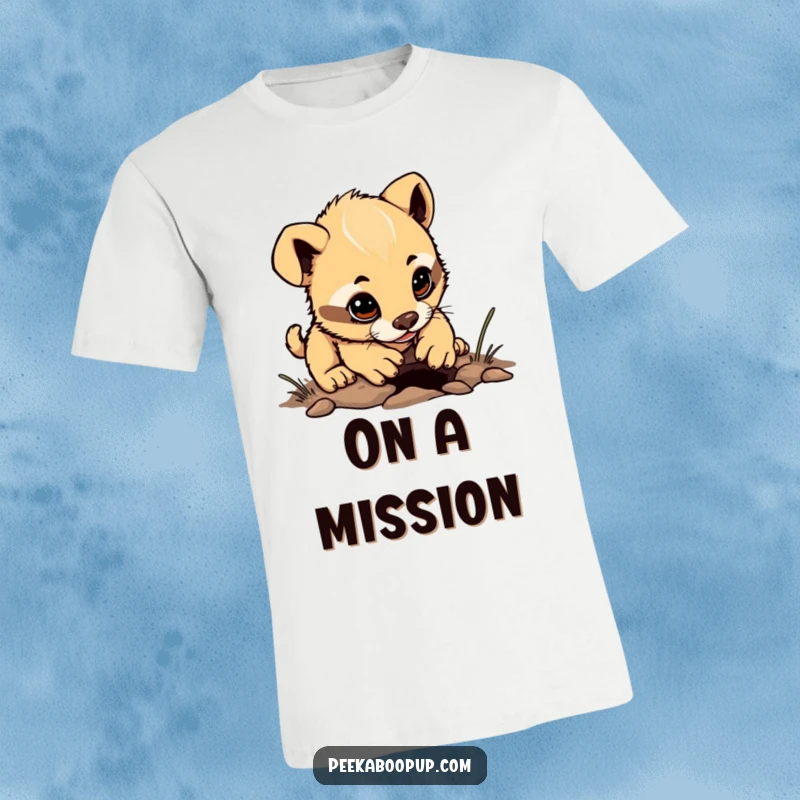 Funny determined puppy character t-shirt, focused on digging a tiny hole, cute and ambitious graphic.