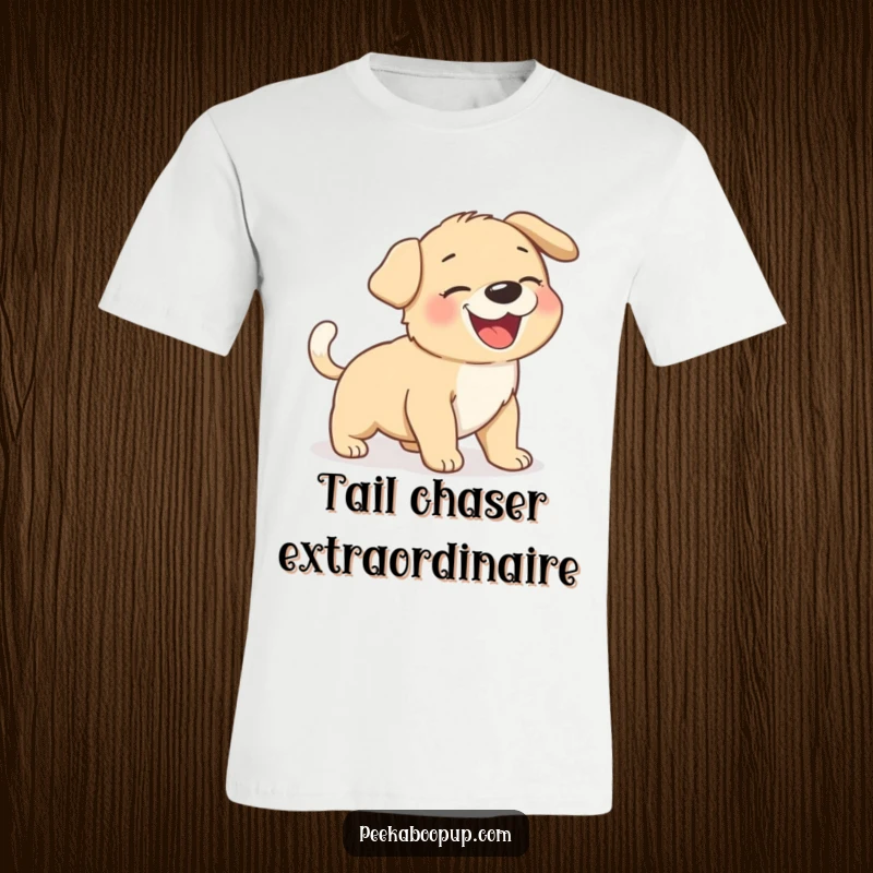 Funny giggling puppy spinning in circles, chasing its wagging tail, depicted on a comfortable t-shirt.