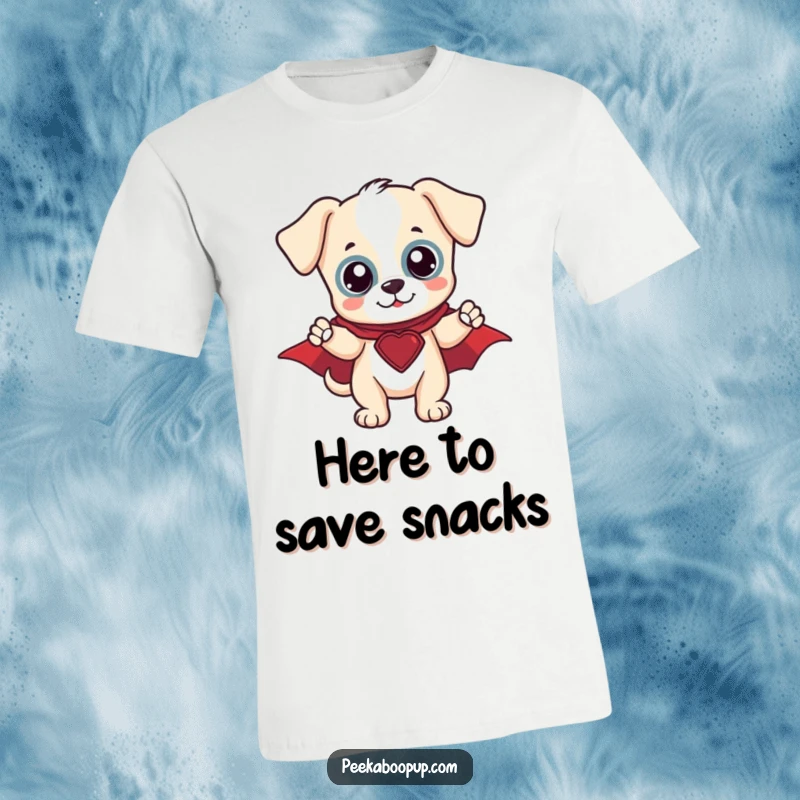 Funny Hero Puppy T-Shirt: A heroic puppy in a small cape striking a proud, brave pose