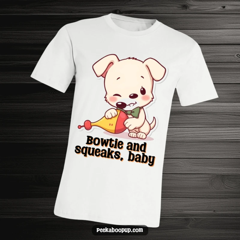 Funny t-shirt showcasing a naughty puppy sporting a bowtie and happily gnawing on a squeaky toy, radiating mischievous charm.