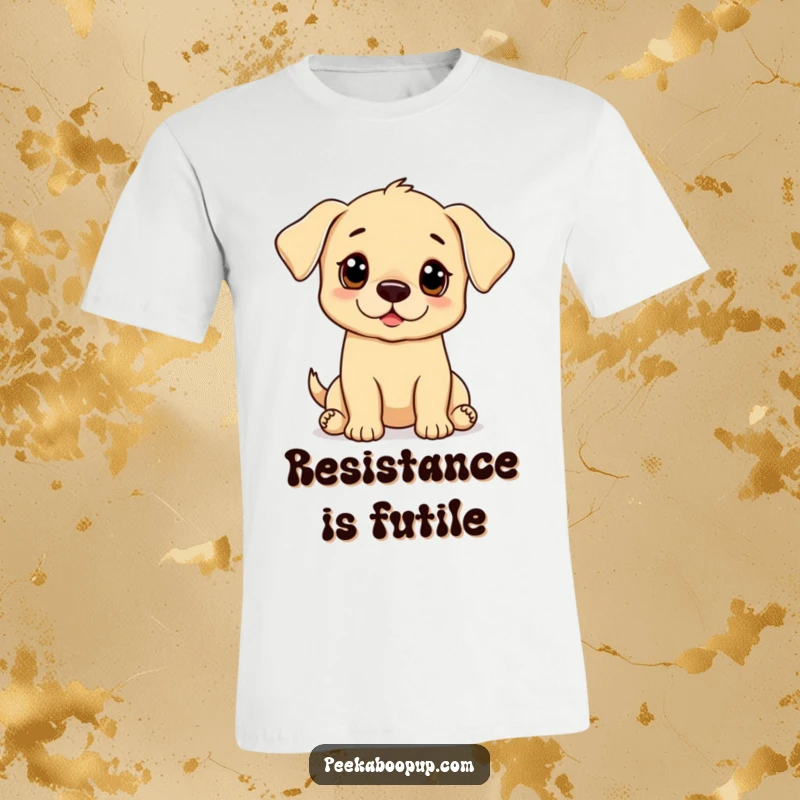 Funny puppy t-shirt featuring a cute puppy striking a begging pose with wide, pleading eyes, designed for maximum charm.