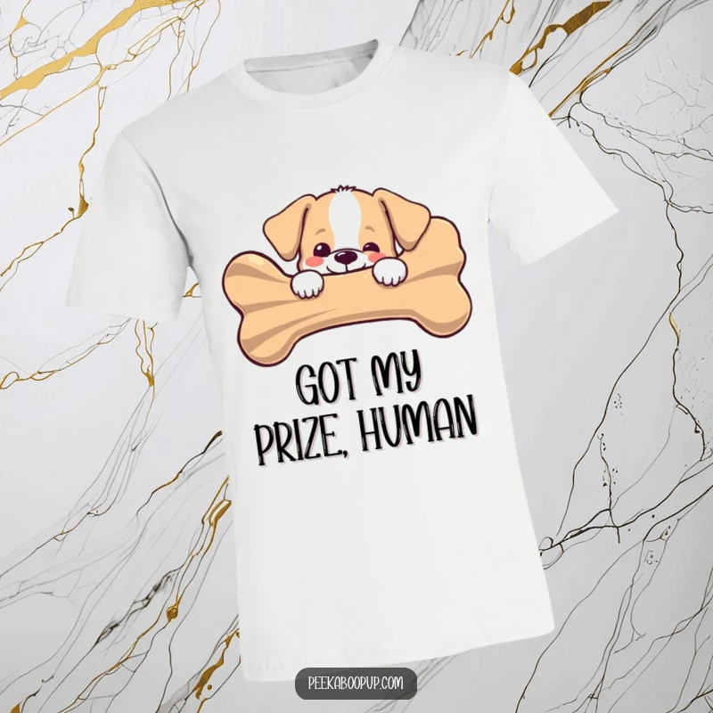 Funny puppy peeking joyfully from behind a giant striped bone on a t-shirt, embodying canine excitement and delight, an ideal funny gift.