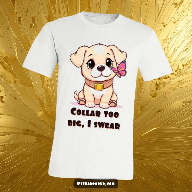 Funny t-shirt design of a puppy with an oversized collar, looking up with wide, curious eyes at a fluttering butterfly.