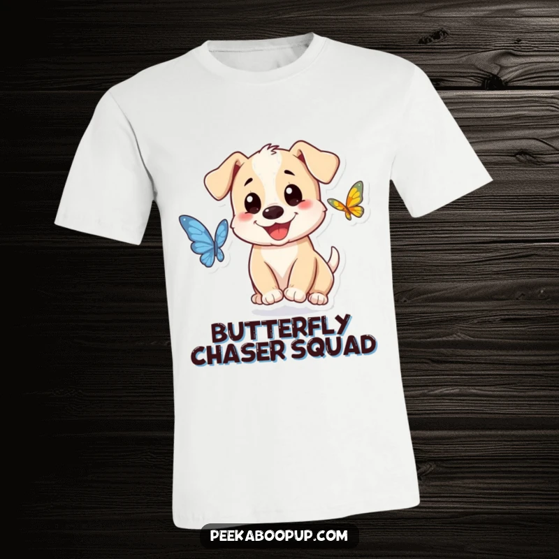 Funny puppy character t-shirt, smiling and joyfully chasing a fluttering butterfly, a delightful scene.