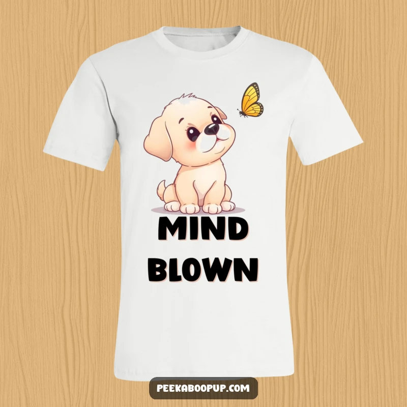 Funny puppy t-shirt depicting a curious puppy tilting its head in fascination towards a flying butterfly.
