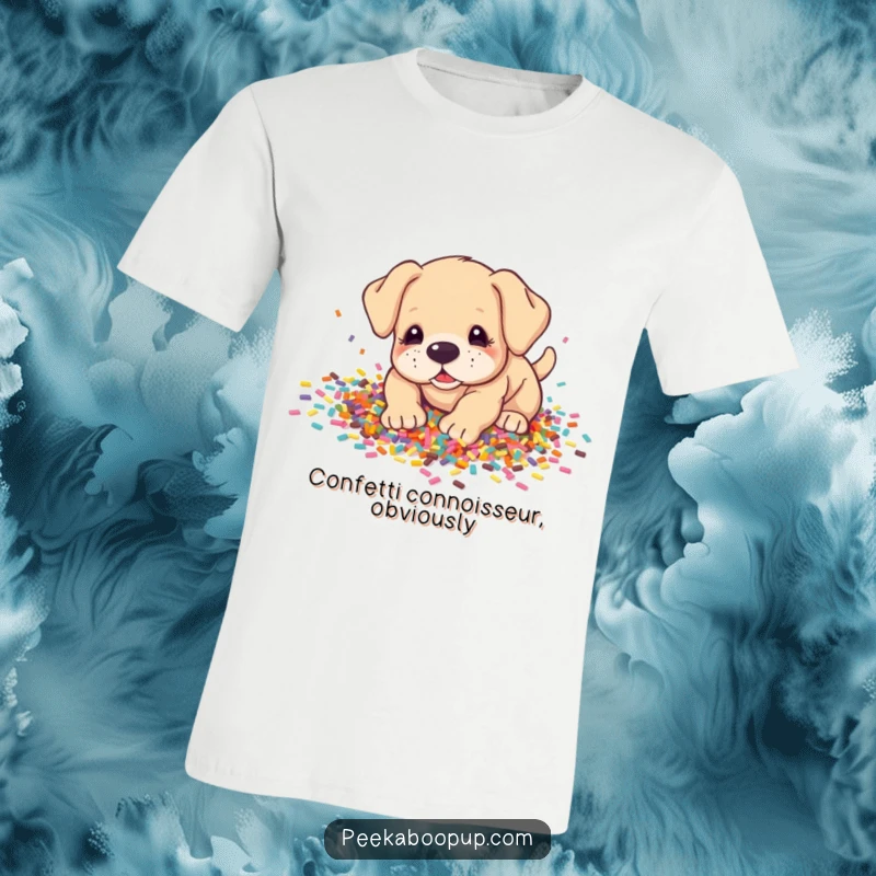 Funny T-Shirt: A cute puppy enthusiastically digging into a huge, colorful pile of confetti, showing pure, unadulterated joy.