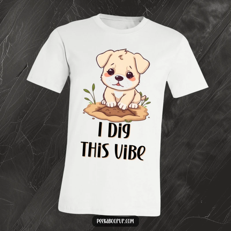 Funny puppy character t-shirt, depicted digging with fierce determination, showcasing playful mischief.
