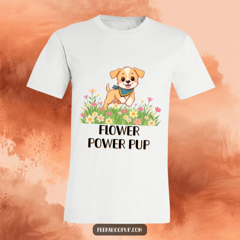 Funny t-shirt graphic of a playful puppy sporting a bandana, happily frolicking in a lush field filled with colorful flowers.