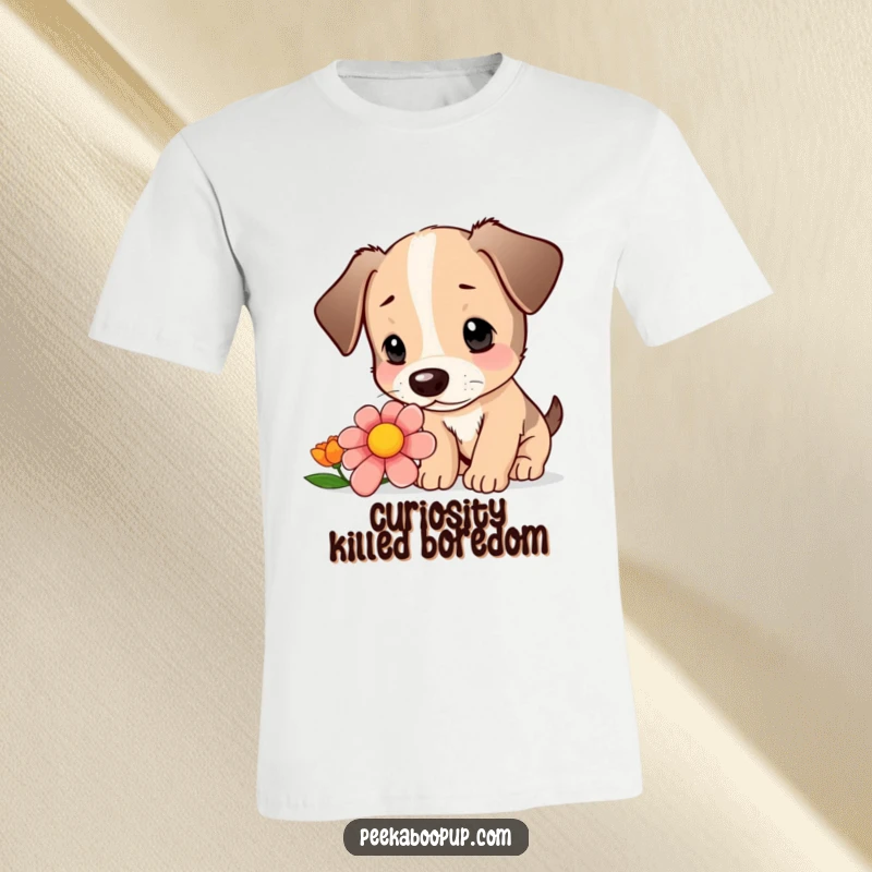 Funny t-shirt print of a cute puppy curiously sniffing a vibrant, colorful flower with intense intrigue.