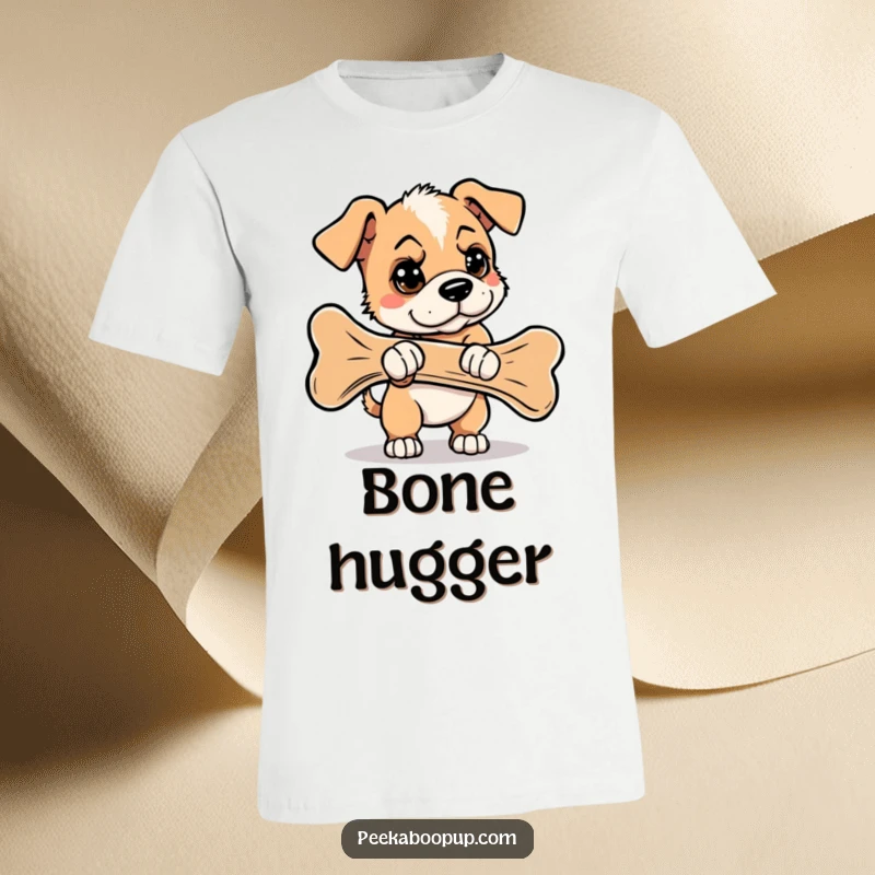 Funny t-shirt featuring a determined puppy with a focused expression, attempting to carry a bone far too big for it.
