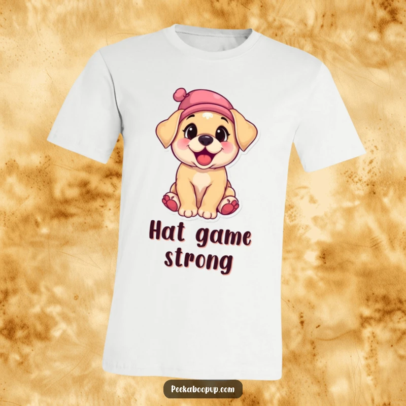 Funny t-shirt featuring a happy, giggling puppy with floppy ears, wearing a colorful tiny hat tilted hilariously to the side.