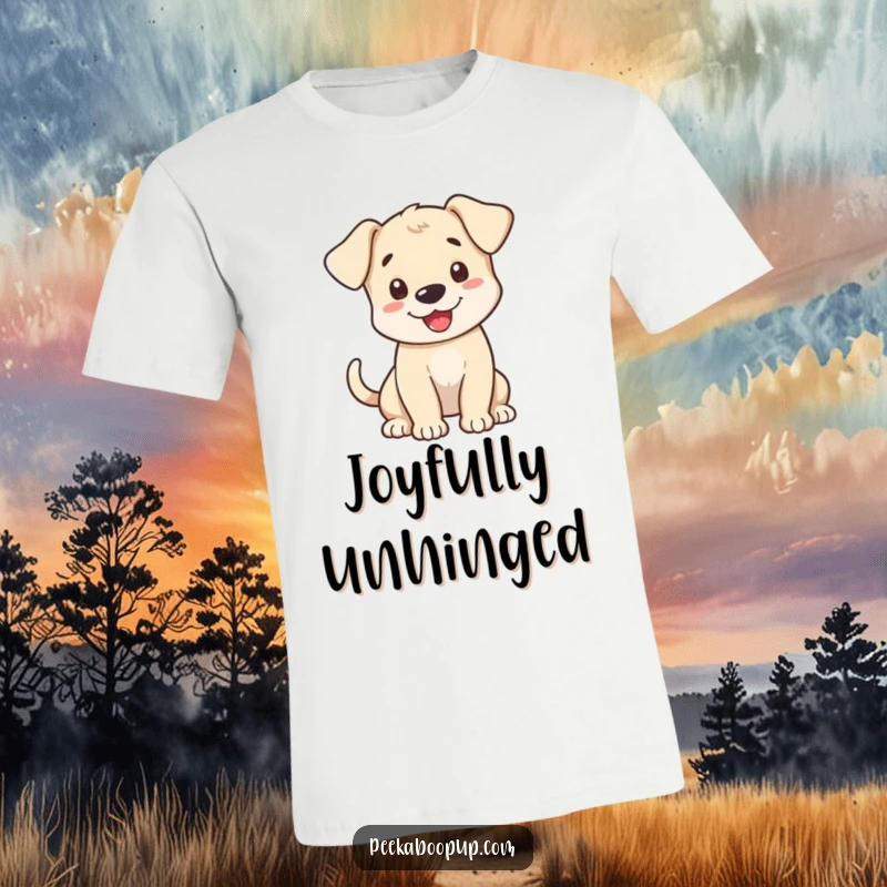Funny T-Shirt with an excited puppy whose tail is a blur, giving a big, friendly greeting to everyone.