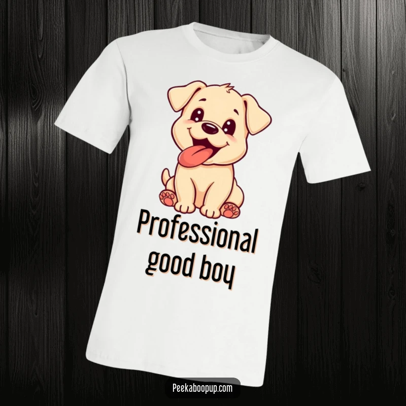Funny puppy t-shirt showing a joyful dog with its tongue out, excitedly panting, perfect for expressing pure unadulterated happiness.