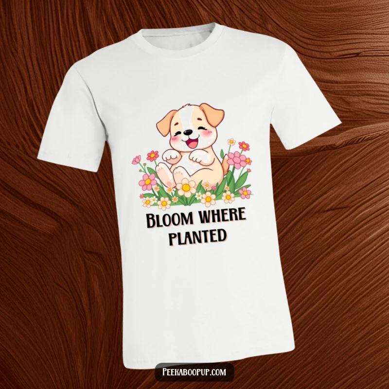 Funny T-Shirt featuring a happy puppy playfully rolling in a field of bright, cartoon flowers, full of life.