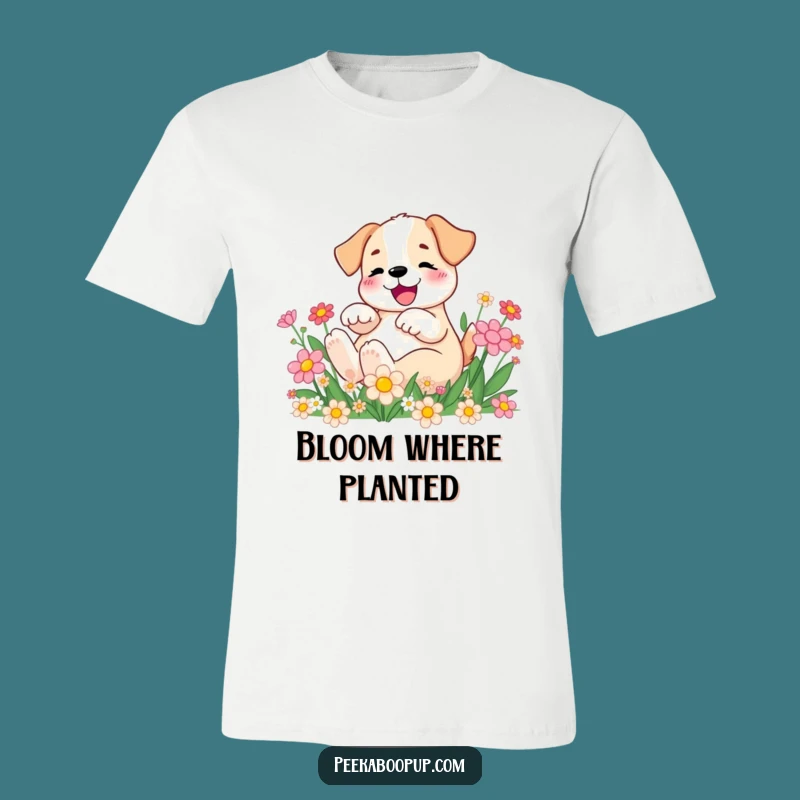 Funny Puppy Rolling in Flowers T-Shirt: Whimsical Canine & Floral Fun Tee